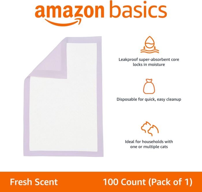 Amazon Basics Cat Pad Refills for Litter Box, Fresh Scent, Pack of 100, White/Purple - Image 2