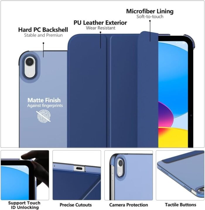 MoKo Case for iPad 10th Generation 10.9 inch 2022, Slim Stand Protective Cover with Hard PC Translucent Back Shell Cover for iPad 10th Gen 2022, Support Touch ID, Auto Wake/Sleep, Navy Blue - Image 3