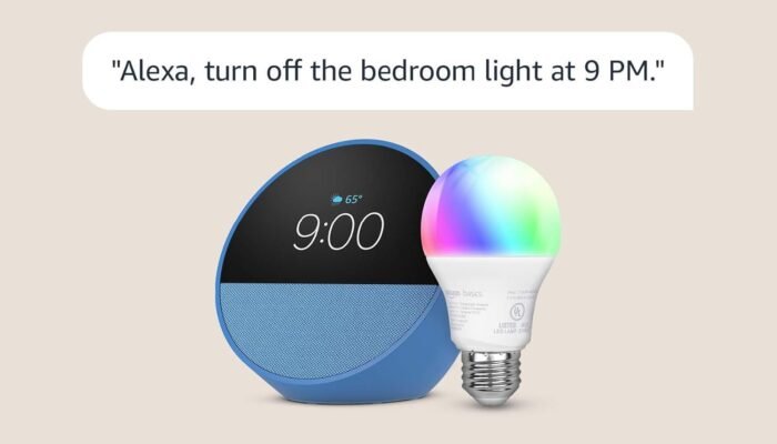 Echo Spot with Amazon Basics Smart Color Bulb