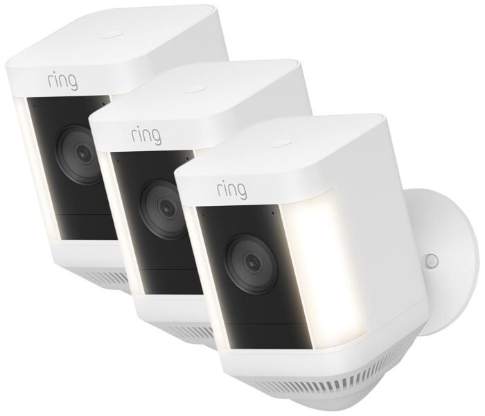Ring Spotlight Cam Plus, Battery | Two-Way Talk, Color Night Vision, and Security Siren (2022 release) | 3-pack, White