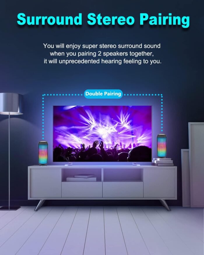 Bluetooth Speaker, Wireless Portable, HD Stereo Sound,with Cool Dynamic LED Lights, IPX4 Waterproof, BT5.3, Dual Surround Pairing, Him Her Man Teens Electronic Gadgets Gifts, for Outdoor Camping Party - Image 4