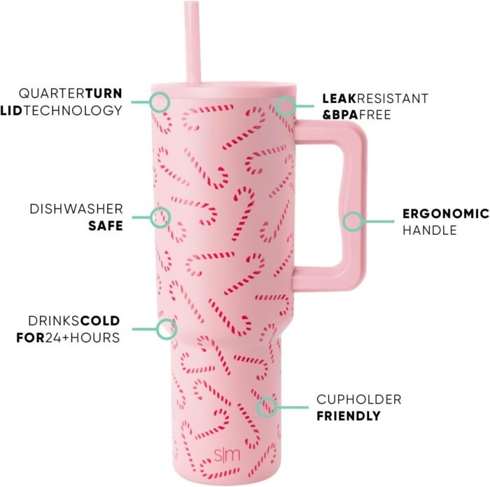 Simple Modern 40 oz Tumbler with Handle and Straw Lid | Insulated Reusable Stainless Steel Water Bottle Travel Mug Cupholder Friendly | Gift for Women Men | Trek Collection | Pink Candy Cane Toss - Image 2