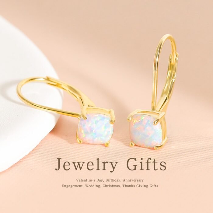 925 Sterling Silver Handmade Opal Earrings, 14K Gold Leverback Earrings for Women, Drop Earrings (Opal Gold Square) - Image 4