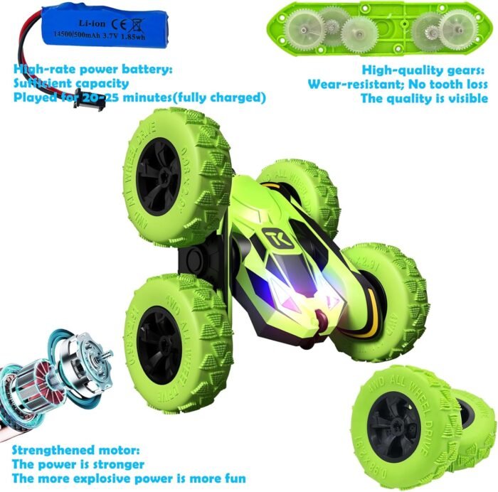 Threeking RC Stunt Cars Remote Control Car Double-Sided Driving 360-degree Flips Rotating Car Toy, Green - Image 4