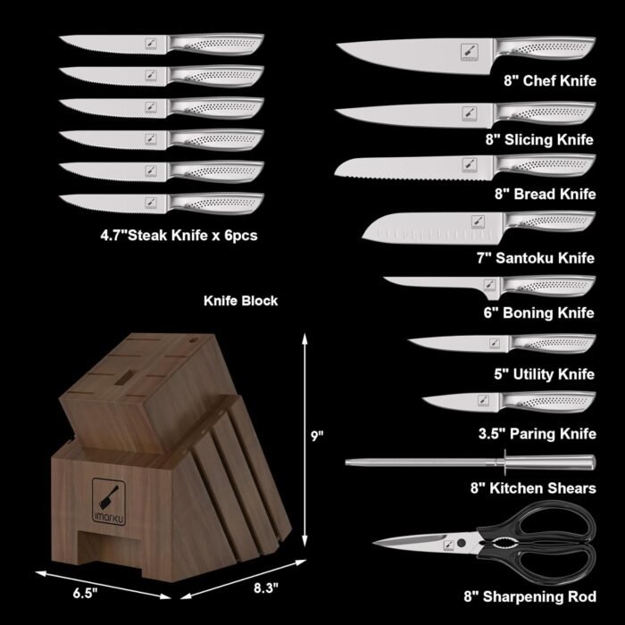 imarku Knife Set, 16PCS High Carbon Stainless Steel Kitchen Knife Set with Block Ultra Sharp Knife Block Set, Japanese Knife Set with Dotted Non-slip Ergonomic Handle, Dark Brown, Christmas Gifts - Image 5