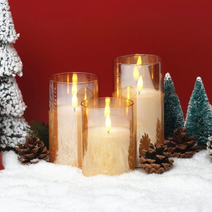 Eywamage Gold Glass Flameless Pillar Candles with Remote, Flickering Battery Operated Christmas LED Candles Set of 3 - Image 6