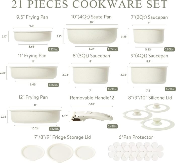 CAROTE 21pcs Pots and Pan Set Non Stick, Nonstick Induction Cookware, Cookware Set Kitchen with Detachable Handle, Removable Handle Cookware, RV Oven Safe Cookware, Cream White - Image 2