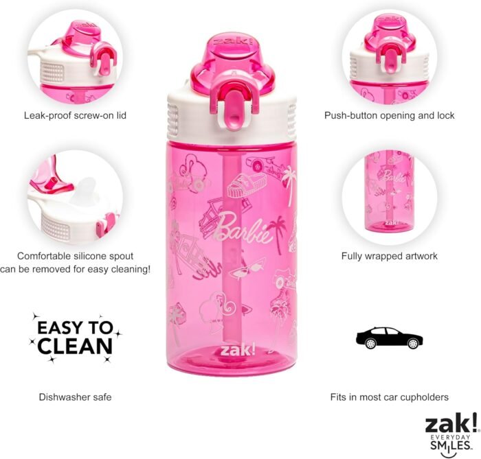 Zak Designs Sage Barbie Water Bottle For School or Travel, 16oz Durable Plastic Water Bottle With Straw, Handle, and Leak-Proof, Pop-Up Spout Cover (Barbie) - Image 4
