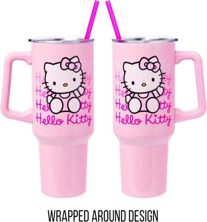 Silver Buffalo Sanrio Hello Kitty Waving Stainless Steel Tumbler with Handle and Straw, Fits in Standard Cup Holder, 40 Ounces - Image 5
