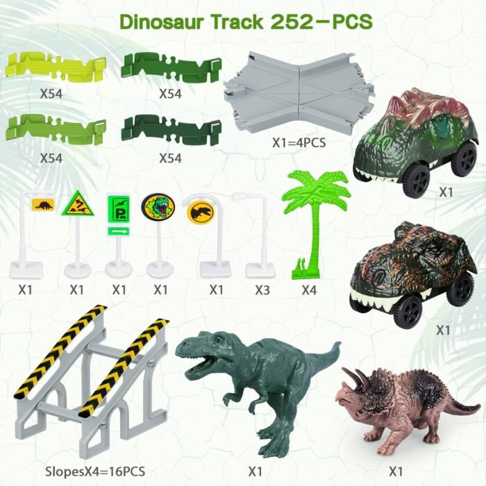 Dinosaur Toys, 252 PCS Create A Dinosaur World Road Race Tracks, Flexible Track Playset, 2pcs Dinosaur Car for 3 4 5 6 Year Old Boys Girls Birthday Party Favor Gift - Image 2
