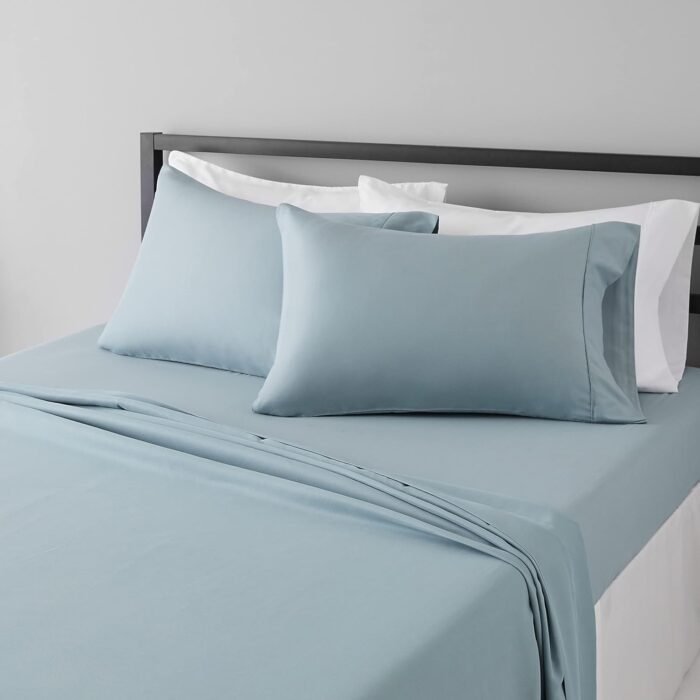 Amazon Basics Lightweight Super Soft Easy Care Microfiber 4-Piece Bed Sheet Set with 14-Inch Deep Pockets, Queen, Spa Blue, Solid
