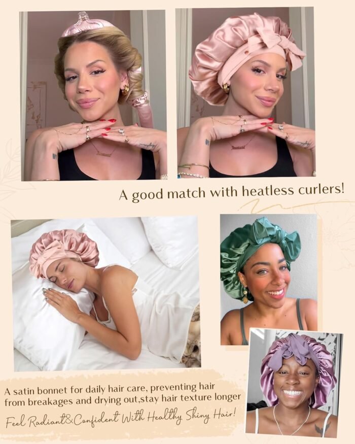 YANIBEST Satin Bonnet Silk Bonnet for Sleeping Double Layer Satin Lined Hair Bonnet with Tie Band for Women Curly Hair - Image 5