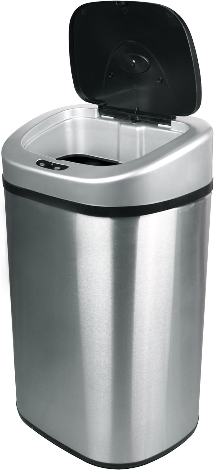 NINESTARS Automatic Touchless Infrared Motion Sensor Trash Can with Stainless Steel Base & Oval, Silver/Black Lid, 21 Gal - Image 9