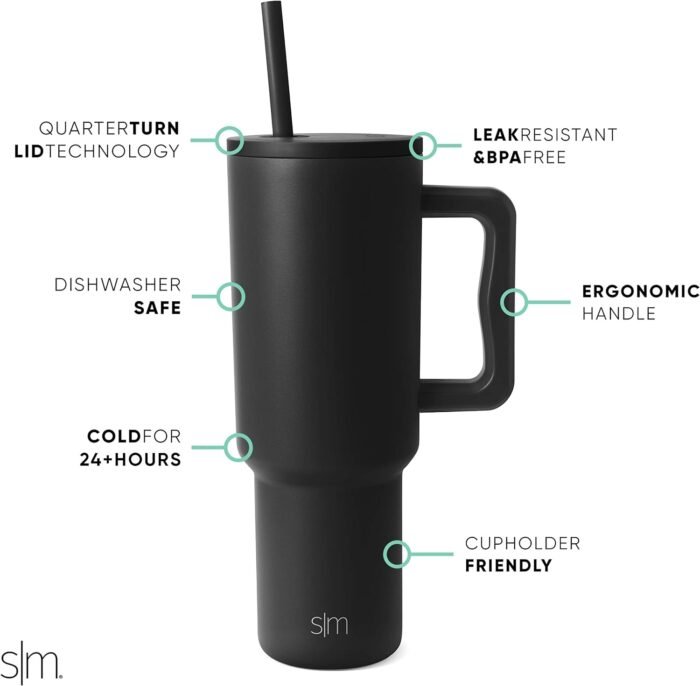 Simple Modern 40 oz Tumbler with Handle and Straw Lid | Insulated Cup Reusable Stainless Steel Water Bottle Travel Mug Cupholder Friendly | Gifts for Women Him Her | Trek Collection | Midnight Black - Image 2