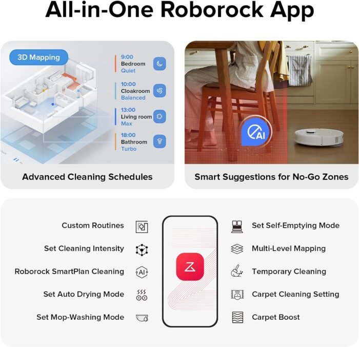 roborock Qrevo S Robot Vacuum and Mop, Self-Drying, Auto Mop Washing, 7000Pa Suction, Self-Emptying & Refilling, 10mm Mop Lifting, 200RPM Spinning Mops, Smart Obstacle Avoidance, White - Image 7