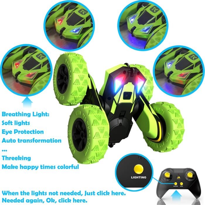 Threeking RC Stunt Cars Remote Control Car Double-Sided Driving 360-degree Flips Rotating Car Toy, Green - Image 2