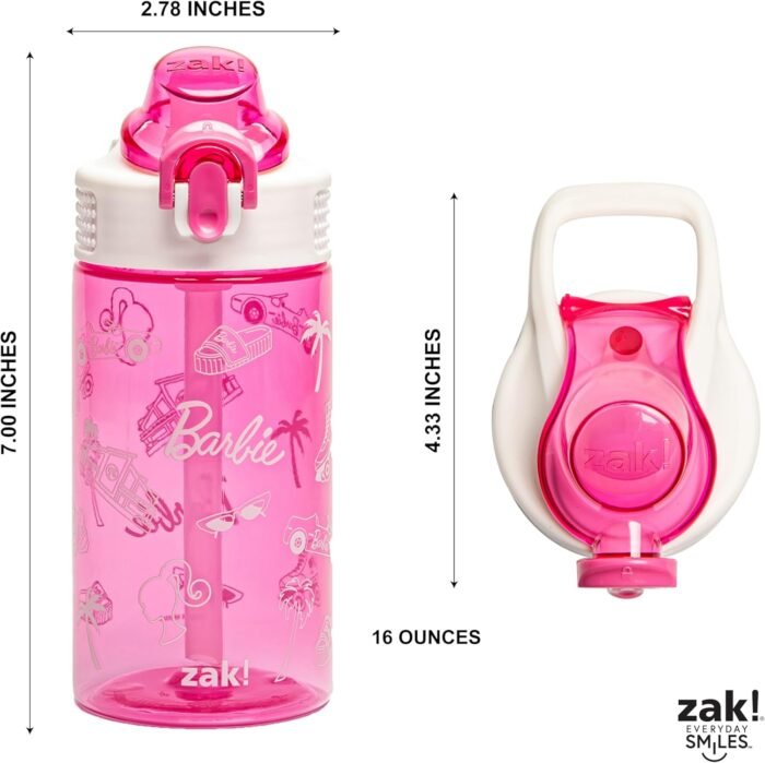 Zak Designs Sage Barbie Water Bottle For School or Travel, 16oz Durable Plastic Water Bottle With Straw, Handle, and Leak-Proof, Pop-Up Spout Cover (Barbie) - Image 5