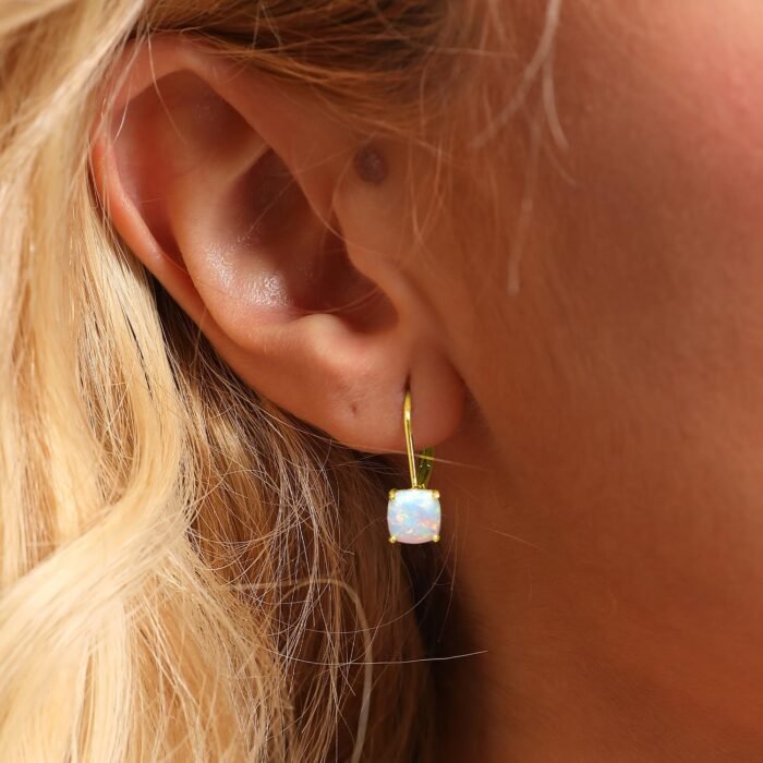 925 Sterling Silver Handmade Opal Earrings, 14K Gold Leverback Earrings for Women, Drop Earrings (Opal Gold Square) - Image 2