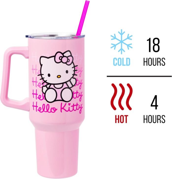 Silver Buffalo Sanrio Hello Kitty Waving Stainless Steel Tumbler with Handle and Straw, Fits in Standard Cup Holder, 40 Ounces - Image 3