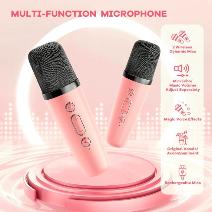 YLL Mini Karaoke Machine for Kids Adults, Portable Bluetooth Speaker with 2 Wireless Microphones, Christmas Birthday Gifts Toys for Girls Ages 4, 5, 6,7, 8,9,10,11,12+ Years Old Toddler (Lightpink) - Image 4
