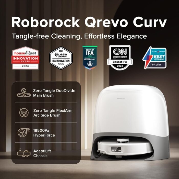 roborock Qrevo Curv Robot Vacuum and Mop, 18,500Pa Suction, Zero-Tangling, DuoDivide Main Brush, FlexiArm Arc Side Brush, FlexiArm Mop, AdaptiLift Chassis, Auto Mop Washing & Drying, Self-Emptying - Image 2