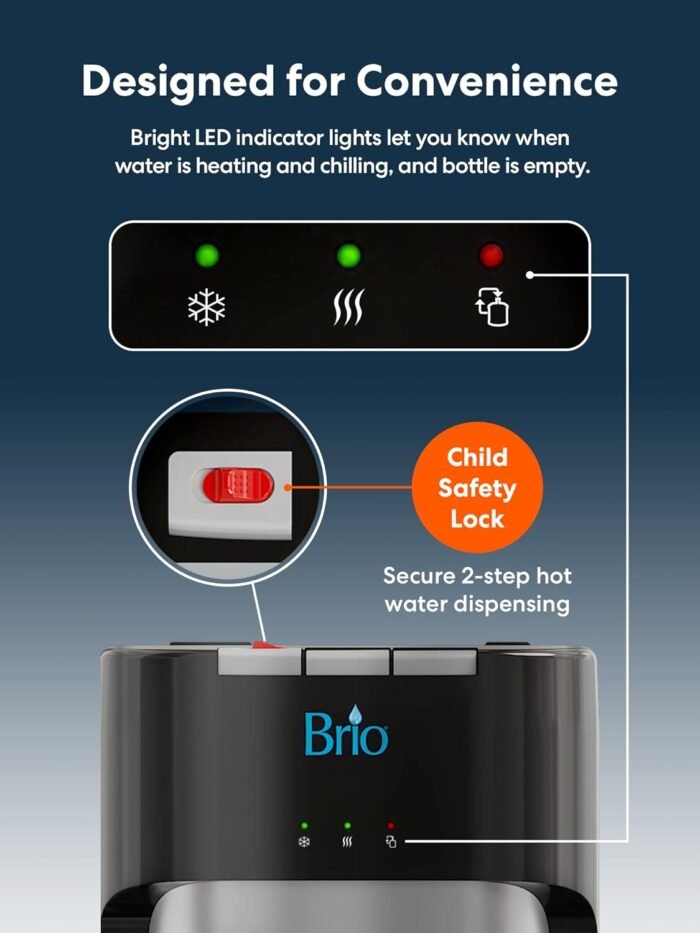 Brio Bottom Loading Water Cooler Dispenser for 5 Gallon Bottles - 3 Temperatures with Hot, Room & Cold Spouts, Child Safety Lock, LED Display with Empty Bottle Alert, Stainless Steel - Image 6