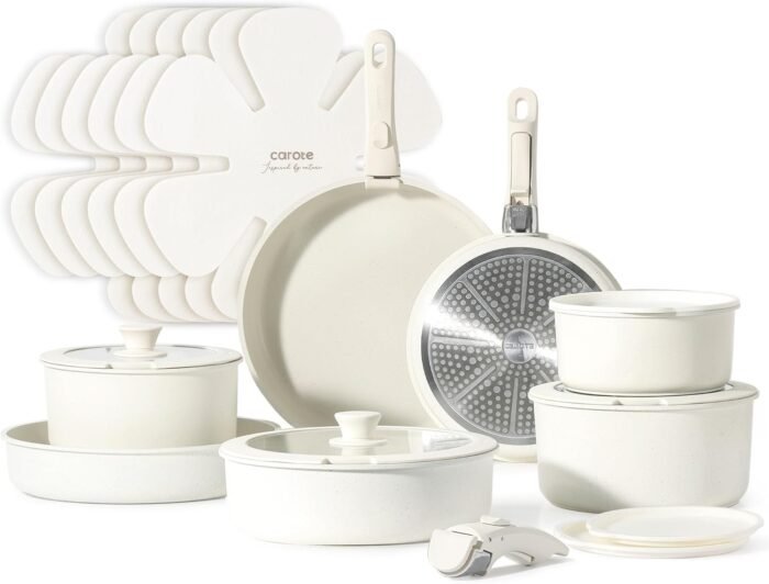 CAROTE 21pcs Pots and Pan Set Non Stick, Nonstick Induction Cookware, Cookware Set Kitchen with Detachable Handle, Removable Handle Cookware, RV Oven Safe Cookware, Cream White