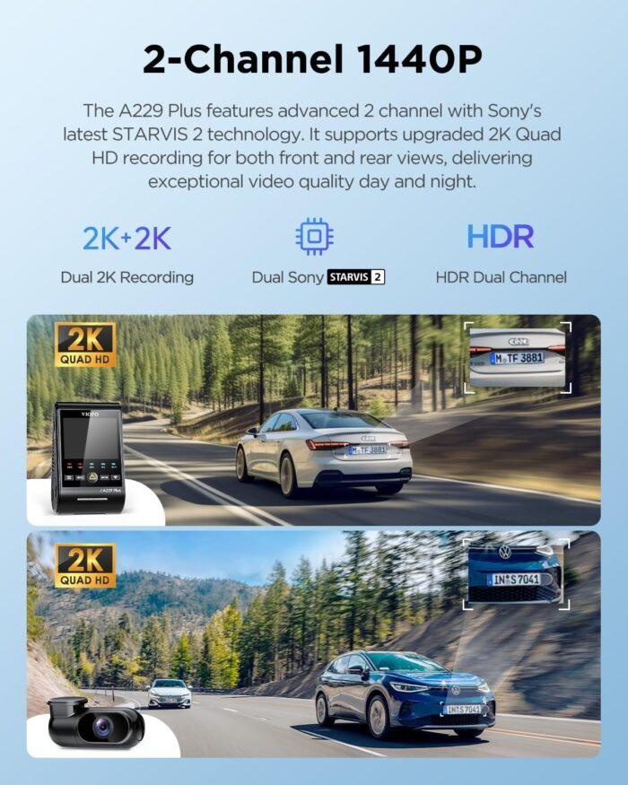 VIOFO A229 Plus Dash Cam Front and Rear, Dual STARVIS 2 Sensors, 2 Channel HDR, 1440P+1440P Voice Control Car Dash Camera, 5GHz Wi-Fi, Support 512GB Max, Voice Control, Ultra-Precise GPS - Image 2