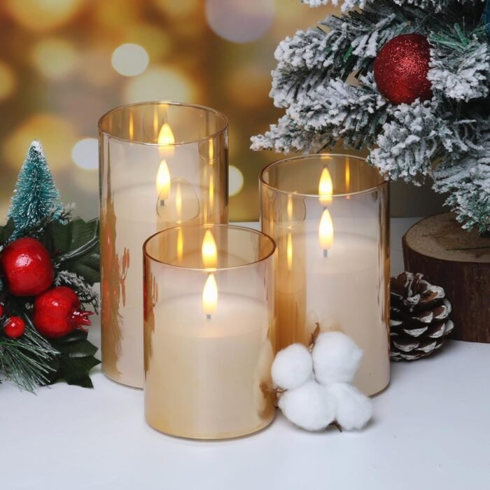 Eywamage Gold Glass Flameless Pillar Candles with Remote, Flickering Battery Operated Christmas LED Candles Set of 3 - Image 4