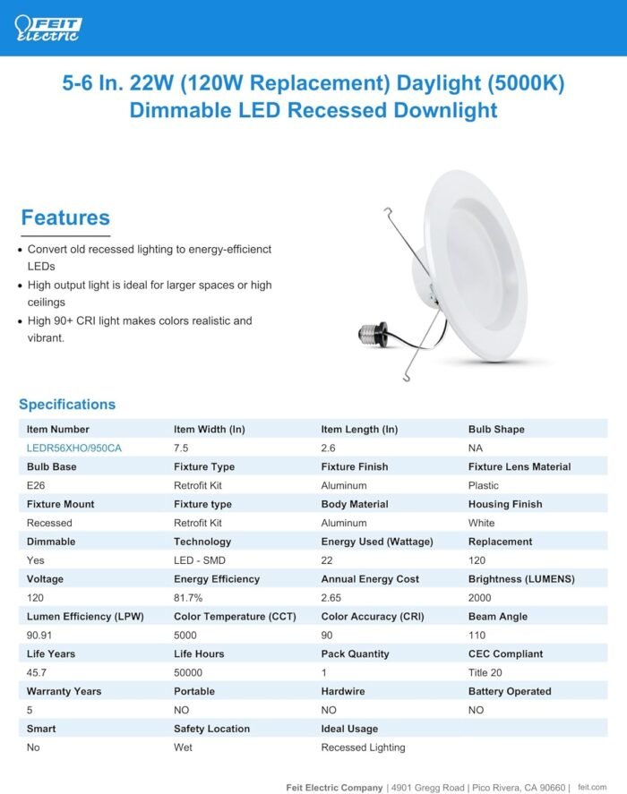 Feit Electric 5 Inch or 6 Inch LED Recessed Lighting Retrofit Downlights, 120 Watt Equivalent High Output, 2000 Lumen 5000K Daylight, Dimmable, 6 Pack LEDR56XHO/950CA/6 - Image 2
