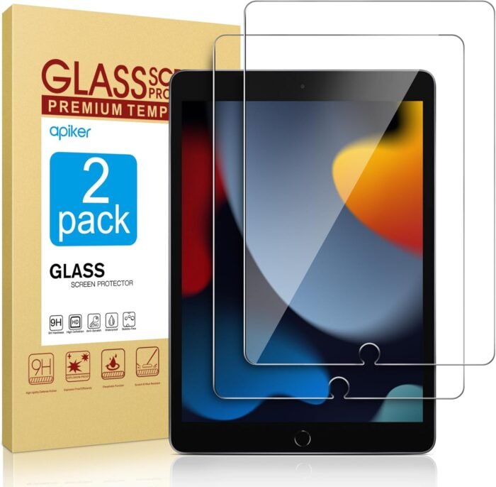 apiker 2 Pack Screen Protector for iPad 9th 8th 7th Generation 10.2 Inch, Tempered Glass Film for iPad 9 8 7 (2021/2020/2019), Case Friendly & Apple Pencil Compatible