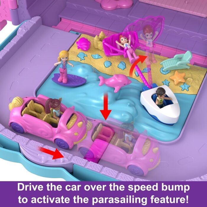 Polly Pocket Pollyville Playset, Resort Rollaway Suitcase, Large Travel Toy with 4 Dolls, Car, 25+ Accessories & Storage - Image 3
