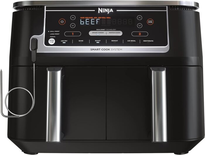 Ninja Air Fryer, Thermometer, Roast, Bake, Air Fry, Crisps, Broil, Reheats, Keep Warm, 10-in-1, Fries, Frozen Food, Veggies, and Meat, Quick Meals, Healthy Meals, Less Oil, 10 QT, Grey, DZ550​