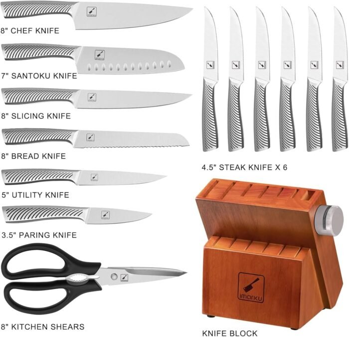 imarku Knife Set with Block for Kitchen, 14PCS High Carbon Stainless Steel Knife Set, One-piece Dishwasher Safe Kitchen Knives Set, Knife Set with Built-in Sharpener, Christmas Gifts for Men and Women - Image 6