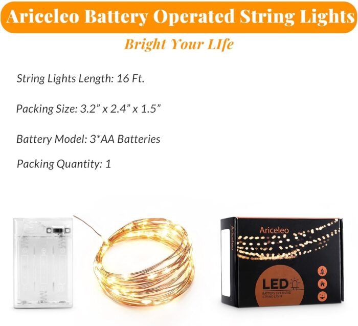 Ariceleo Led Fairy Lights Battery Operated, 1 Pack Mini Battery Powered Copper Wire Starry Fairy Lights for Bedroom, Christmas, Parties, Wedding, Centerpiece, Decoration (5m/16ft Warm White) - Image 4