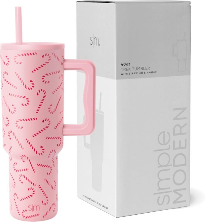 Simple Modern 40 oz Tumbler with Handle and Straw Lid | Insulated Reusable Stainless Steel Water Bottle Travel Mug Cupholder Friendly | Gift for Women Men | Trek Collection | Pink Candy Cane Toss