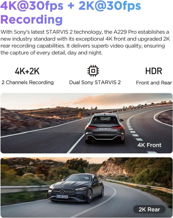 VIOFO A229 Pro 4K HDR Dash Cam, Dual STARVIS 2 IMX678 IMX675, 4K+2K Front and Rear Car Camera, 2 Channel with HDR, Voice Control, 5GHz WiFi GPS, Night Vision 2.0, 24H Parking Mode, Support 512GB Max - Image 2