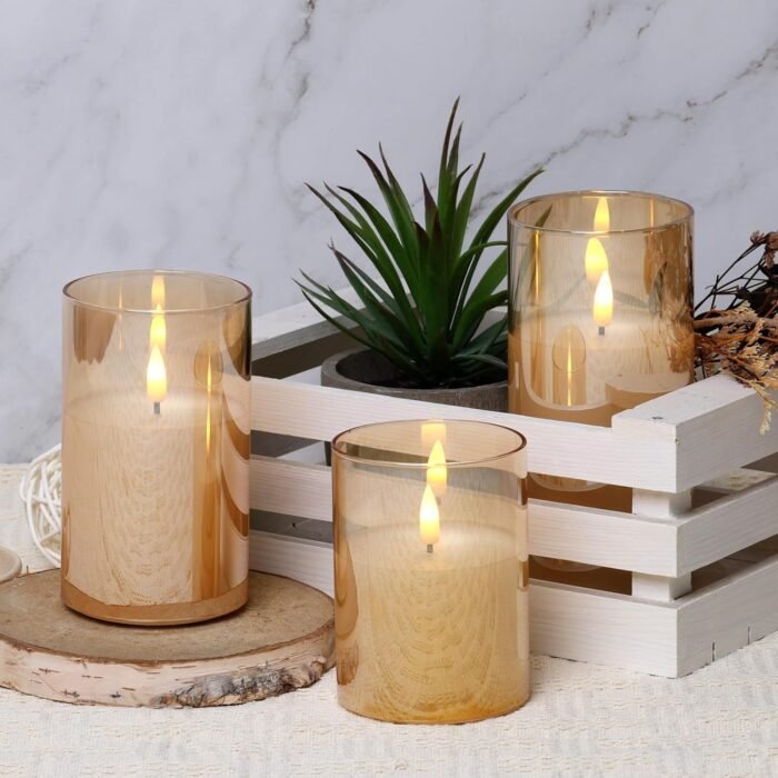 Eywamage Gold Glass Flameless Pillar Candles with Remote, Flickering Battery Operated Christmas LED Candles Set of 3 - Image 7
