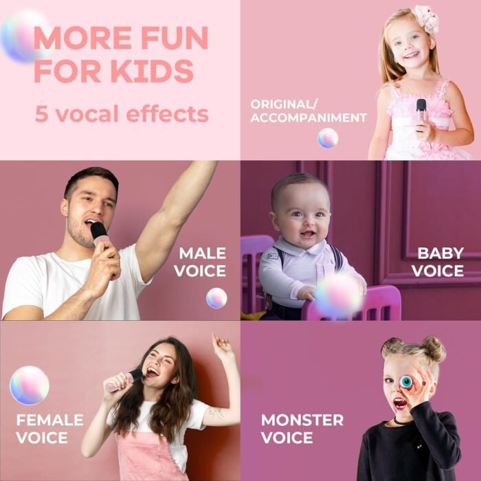 YLL Mini Karaoke Machine for Kids Adults, Portable Bluetooth Speaker with 2 Wireless Microphones, Christmas Birthday Gifts Toys for Girls Ages 4, 5, 6,7, 8,9,10,11,12+ Years Old Toddler (Lightpink) - Image 6