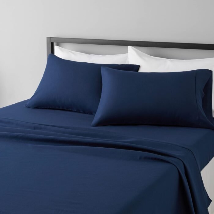 Amazon Basics Lightweight Super Soft Easy Care Microfiber 4-Piece Bed Sheet Set with 14-inch Deep Pockets, Queen, Navy Blue, Solid