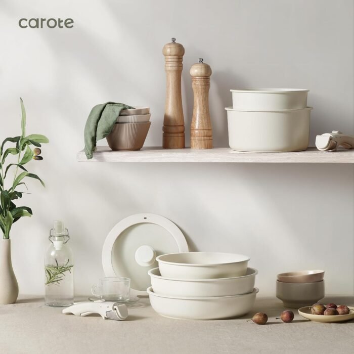 CAROTE 21pcs Pots and Pan Set Non Stick, Nonstick Induction Cookware, Cookware Set Kitchen with Detachable Handle, Removable Handle Cookware, RV Oven Safe Cookware, Cream White - Image 8