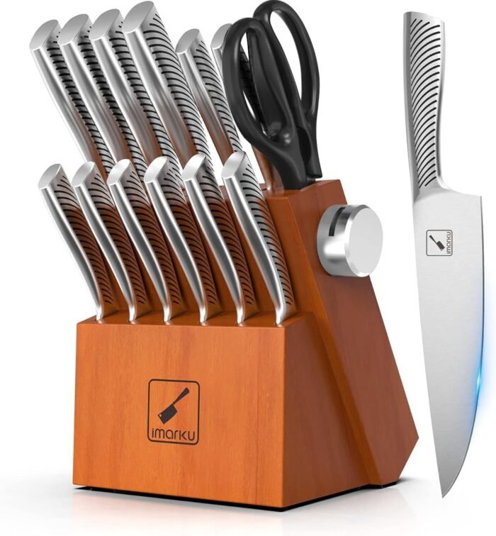 imarku Knife Set with Block for Kitchen, 14PCS High Carbon Stainless Steel Knife Set, One-piece Dishwasher Safe Kitchen Knives Set, Knife Set with Built-in Sharpener, Christmas Gifts for Men and Women