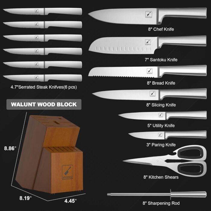 imarku Knife Set - Kitchen Knife Set 15 Pieces Japanese Stainless Steel Knife Block Set with Sharpener - Dishwasher Safe Kitchen Knives - Ultra Sharp Chef Knife Set for Kitchen, Silver - Image 2