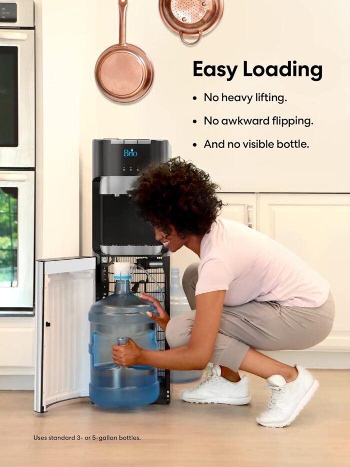 Brio Bottom Loading Water Cooler Dispenser for 5 Gallon Bottles - 3 Temperatures with Hot, Room & Cold Spouts, Child Safety Lock, LED Display with Empty Bottle Alert, Stainless Steel - Image 3