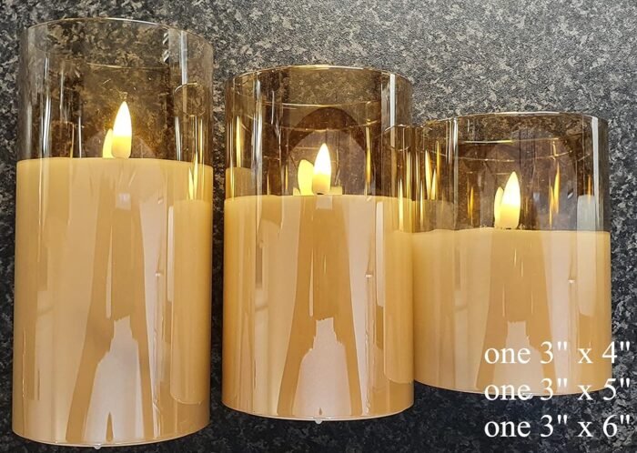 Eywamage Gold Glass Flameless Pillar Candles with Remote, Flickering Battery Operated Christmas LED Candles Set of 3 - Image 2