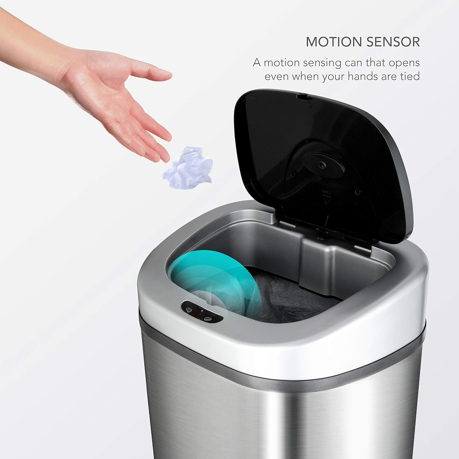 NINESTARS Automatic Touchless Infrared Motion Sensor Trash Can with Stainless Steel Base & Oval, Silver/Black Lid, 21 Gal - Image 4