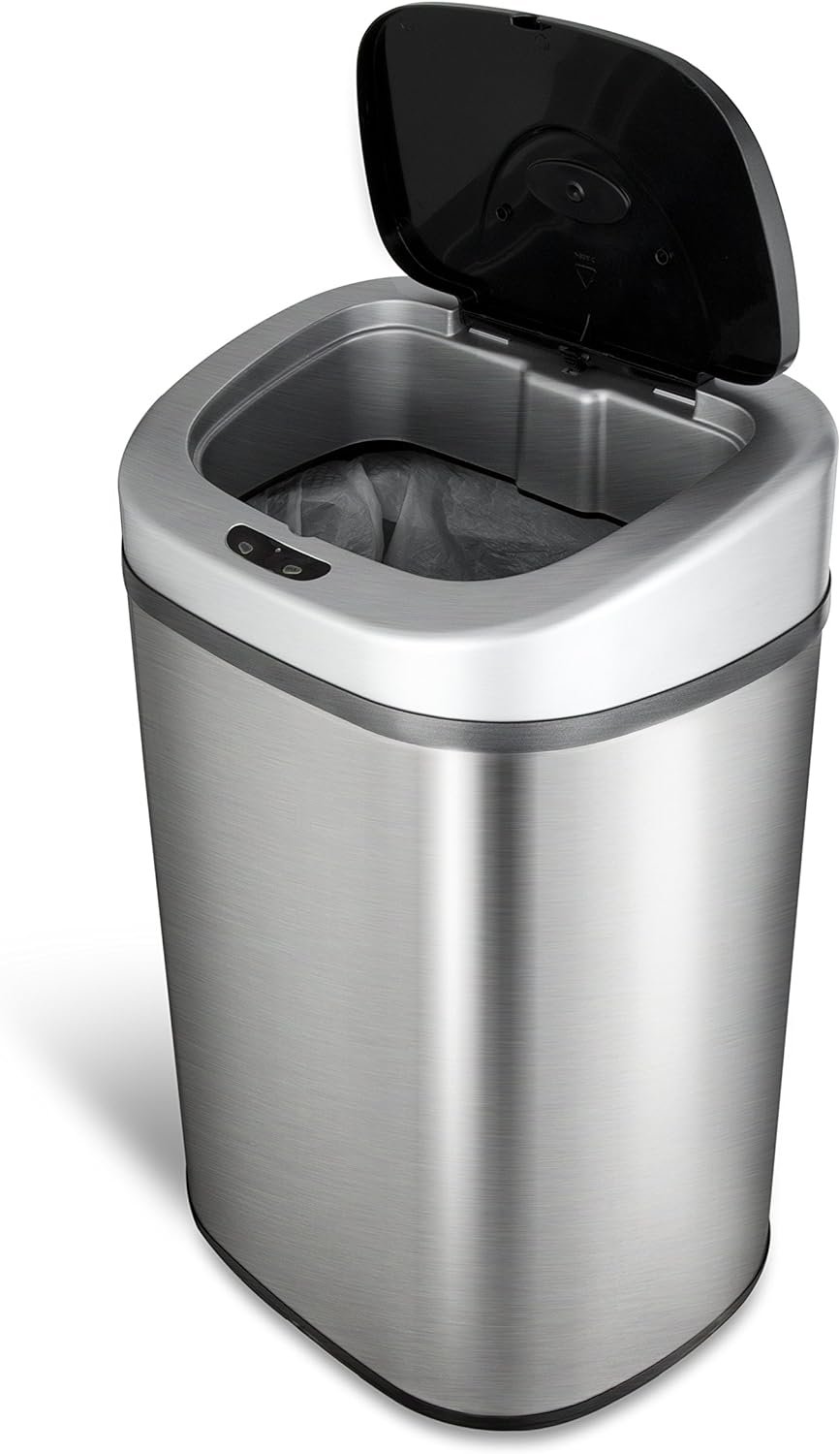 NINESTARS Automatic Touchless Infrared Motion Sensor Trash Can with Stainless Steel Base & Oval, Silver/Black Lid, 21 Gal - Image 10
