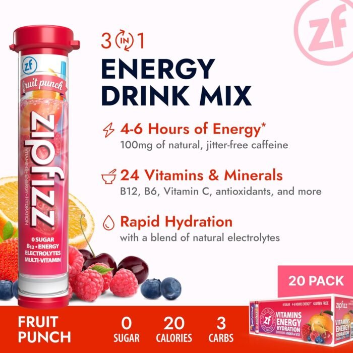 Zipfizz Healthy Energy Drink Mix, Hydration with B12 and Multi Vitamins, Fruit Punch, 20 Tubes (Pack of 1) - Image 2
