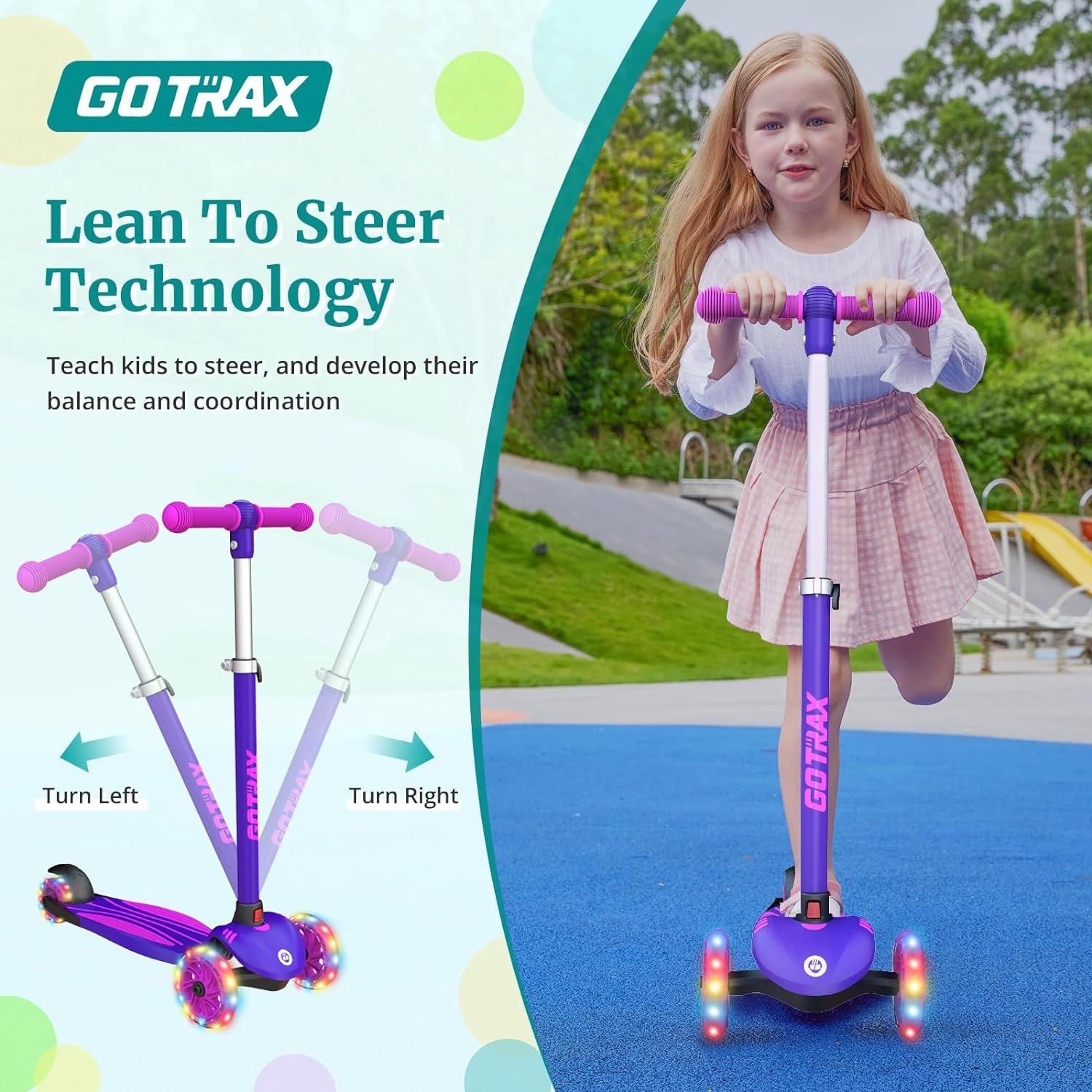 Gotrax KS1 Kids Kick Scooter, LED Lighted Wheels and 3 Adjustable Height Handlebars, Lean-to-Steer & Widen Anti-Slip Deck, 3 Wheel Scooter for Boys & Girls Ages 2-8 and up to 100 Lbs - Image 4