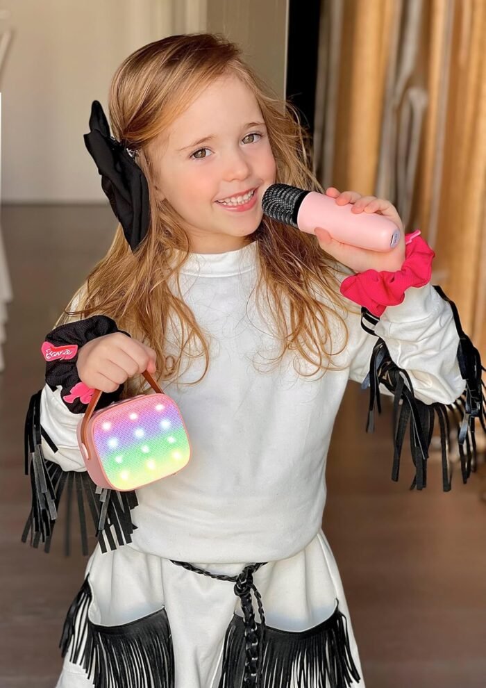 YLL Mini Karaoke Machine for Kids Adults, Portable Bluetooth Speaker with 2 Wireless Microphones, Christmas Birthday Gifts Toys for Girls Ages 4, 5, 6,7, 8,9,10,11,12+ Years Old Toddler (Lightpink) - Image 8